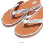 Women GRACIE Metallic Leather Flip Flops Fitflop 882F11 Silver - Image 4