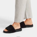 Women IQUSHION Shearling Slides Fitflop 882F196 All Black - Image 2
