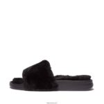 Women IQUSHION Shearling Slides Fitflop 882F196 All Black