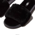 Women IQUSHION Shearling Slides Fitflop 882F196 All Black - Image 4
