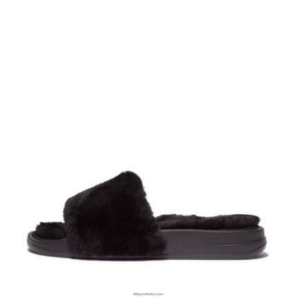 Women IQUSHION Shearling Slides Fitflop 882F196 All Black