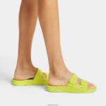 Women IQUSHION Two-Bar Buckle Slides Fitflop 882F87 Electric Yellow - Image 2