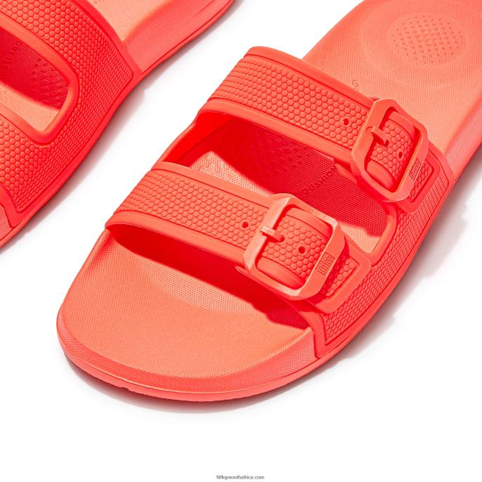Women IQUSHION Two-Bar Buckle Slides Fitflop 882F88 Neon Orange - Image 3