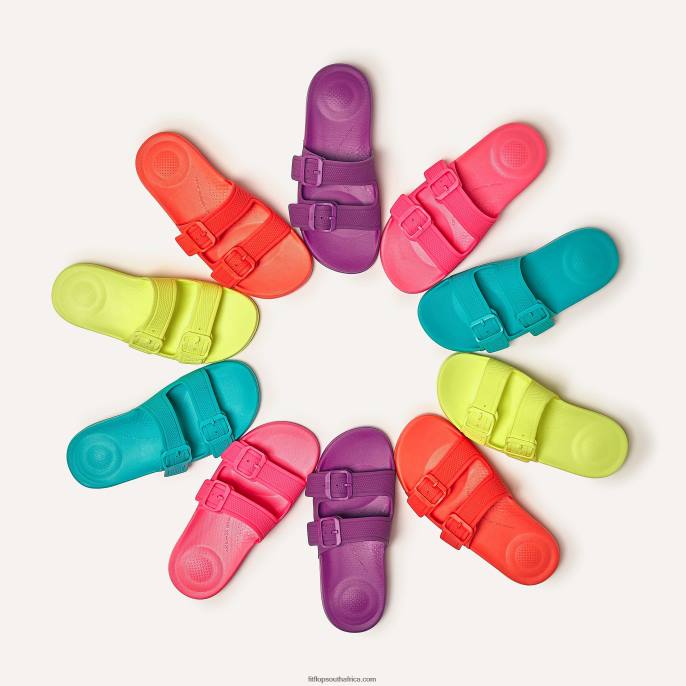 Women IQUSHION Two-Bar Buckle Slides Fitflop 882F88 Neon Orange - Image 4