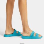 Women IQUSHION Two-Bar Buckle Slides Fitflop 882F92 Tahiti Blue - Image 2