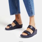 Women LULU Adjustable Leather Slides Fitflop 882F104 Midnight Navy - Image 2