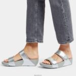 Women LULU Adjustable Leather Slides Fitflop 882F124 Silver - Image 2