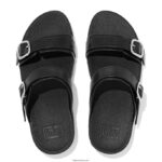 Women LULU Adjustable Leather Slides Fitflop 882F99 All Black - Image 3