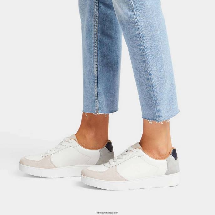 Women RALLY Leather/Suede Panel Trainers Fitflop 882F221 White/Sea Blue - Image 2
