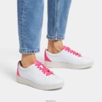 Women RALLY Neon-Pop Leather Trainers Fitflop 882F228 White/Pop Pink - Image 2