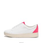 Women RALLY Neon-Pop Leather Trainers Fitflop 882F228 White/Pop Pink