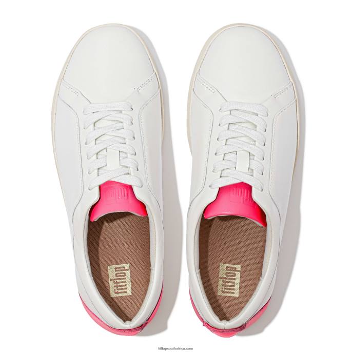 Women RALLY Neon-Pop Leather Trainers Fitflop 882F228 White/Pop Pink - Image 4
