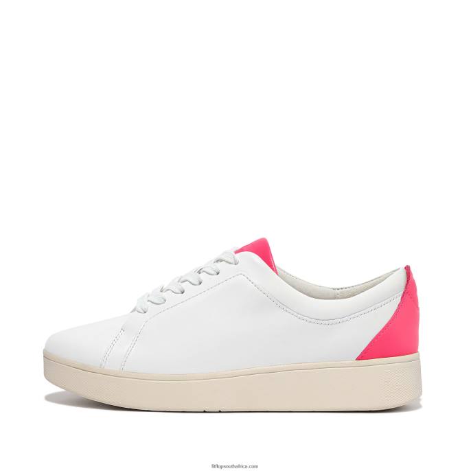 Women RALLY Neon-Pop Leather Trainers Fitflop 882F228 White/Pop Pink - Image 1