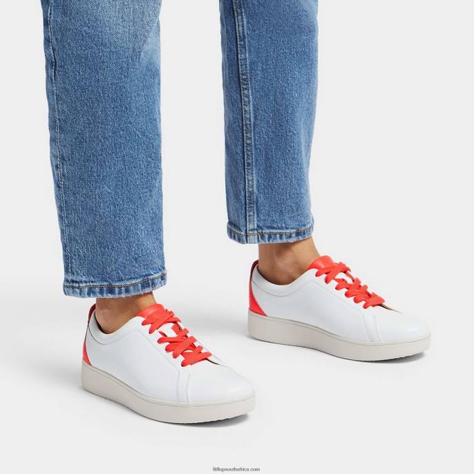 Women RALLY Neon-Pop Leather Trainers Fitflop 882F229 White/Orange - Image 2