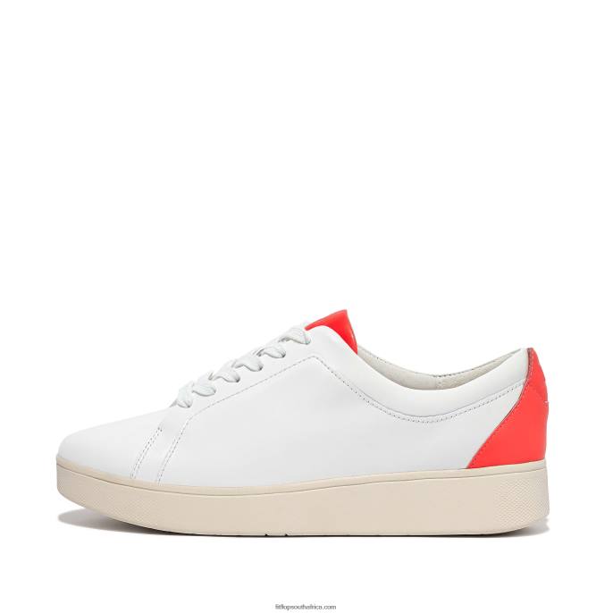 Women RALLY Neon-Pop Leather Trainers Fitflop 882F229 White/Orange - Image 1