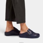 Women SHUV Buckle-Strap Leather Clogs Fitflop 882F334 Midnight Navy - Image 2