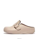 Women SHUV Buckle-Strap Leather Clogs Fitflop 882F336 Stone Beige