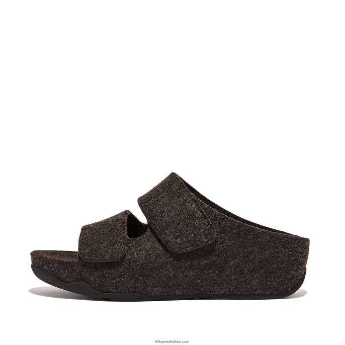 Women SHUV E01 Adjustable Two-Bar Felt Slides Fitflop 882F96 All Black - Image 1