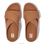Women SHUV Leather Cross Slides Fitflop 882F166 Latte Tan - Image 5