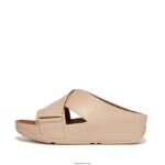 Women SHUV Leather Cross Slides Fitflop 882F168 Stone Beige