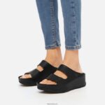 Women SHUV Two-Bar Leather Slides Fitflop 882F184 All Black - Image 2