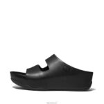 Women SHUV Two-Bar Leather Slides Fitflop 882F184 All Black