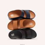 Women SHUV Two-Bar Leather Slides Fitflop 882F184 All Black - Image 4