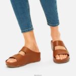 Women SHUV Two-Bar Leather Slides Fitflop 882F185 Light Tan - Image 2