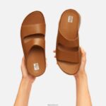 Women SHUV Two-Bar Leather Slides Fitflop 882F185 Light Tan - Image 5