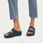 Women SHUV Two-Bar Leather Slides Fitflop 882F186 Midnight Navy - Image 2