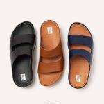 Women SHUV Two-Bar Leather Slides Fitflop 882F186 Midnight Navy - Image 4