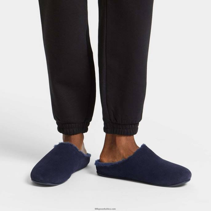 Men SHOVE Shearling-Lined Suede Slippers Fitflop 882F361 Midnight Navy