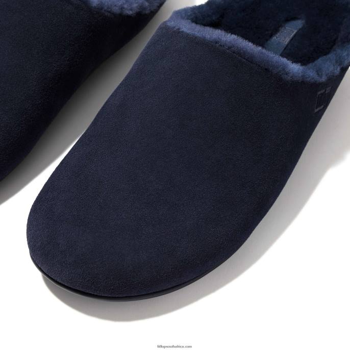 Men SHOVE Shearling-Lined Suede Slippers Fitflop 882F361 Midnight Navy