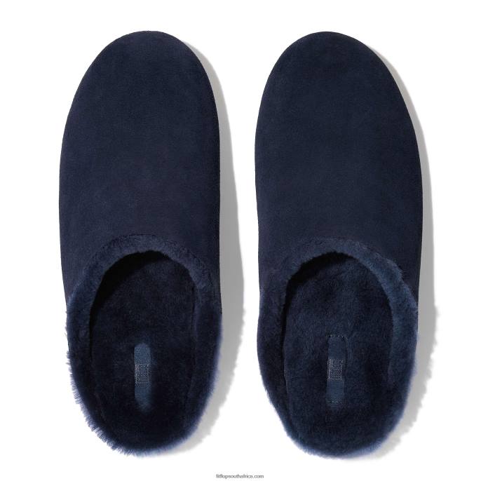 Men SHOVE Shearling-Lined Suede Slippers Fitflop 882F361 Midnight Navy