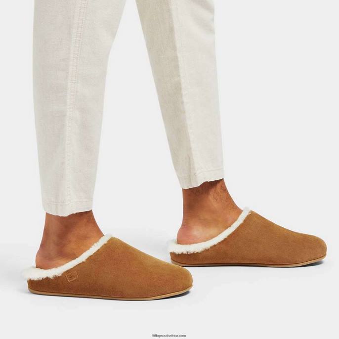 Men SHOVE Shearling-Lined Suede Slippers Fitflop 882F362 Light Tan