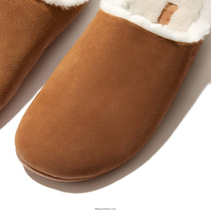 Men SHOVE Shearling-Lined Suede Slippers Fitflop 882F362 Light Tan