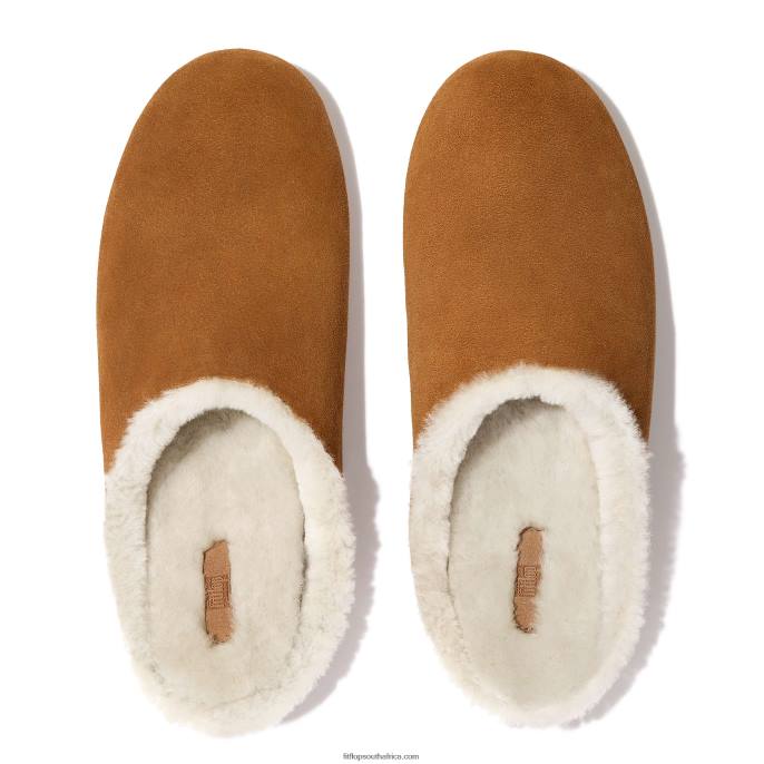 Men SHOVE Shearling-Lined Suede Slippers Fitflop 882F362 Light Tan