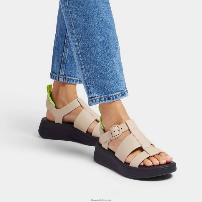 Women F-MODE Neon-Pop Leather Flatform Fisherman Sandals Fitflop 882F47 Stone/Yellow