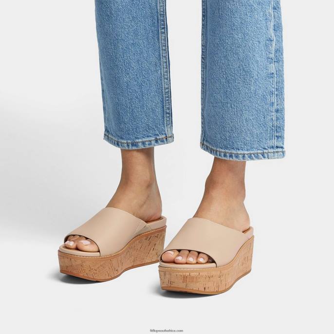 Women ELOISE Cork-Wrap Leather Wedge Slides Fitflop 882F152 Stone Beige