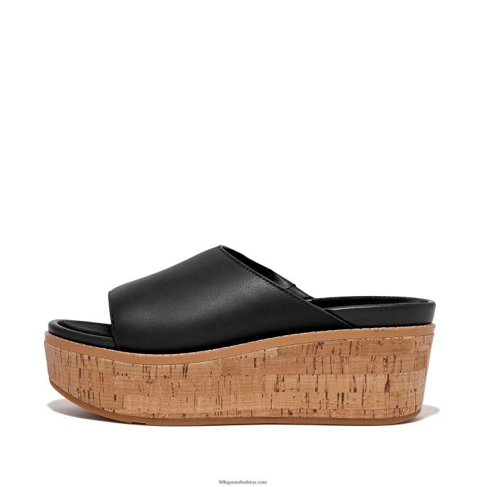 Women ELOISE Cork-Wrap Leather Wedge Slides Fitflop 882F153 Black