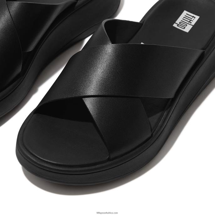 Women F-MODE Leather Flatform Cross Slides Fitflop 882F170 All Black