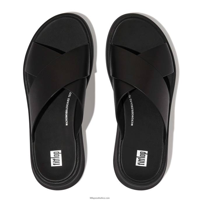 Women F-MODE Leather Flatform Cross Slides Fitflop 882F170 All Black