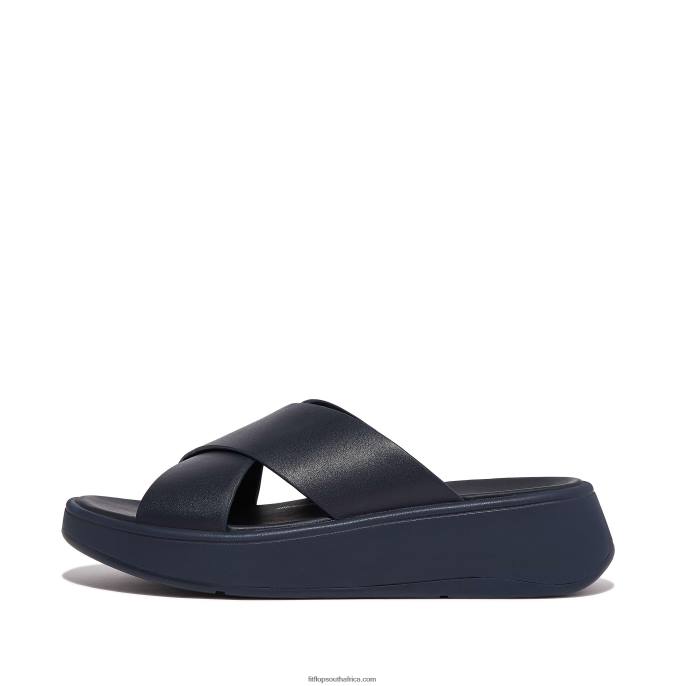 Women F-MODE Leather Flatform Cross Slides Fitflop 882F171 Midnight Navy