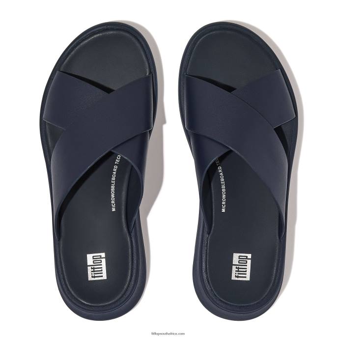 Women F-MODE Leather Flatform Cross Slides Fitflop 882F171 Midnight Navy