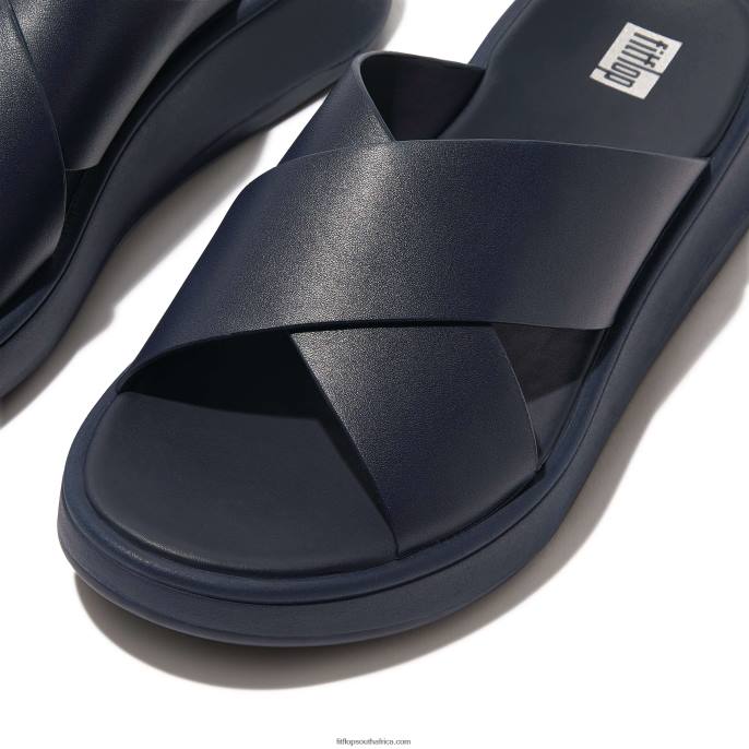 Women F-MODE Leather Flatform Cross Slides Fitflop 882F171 Midnight Navy