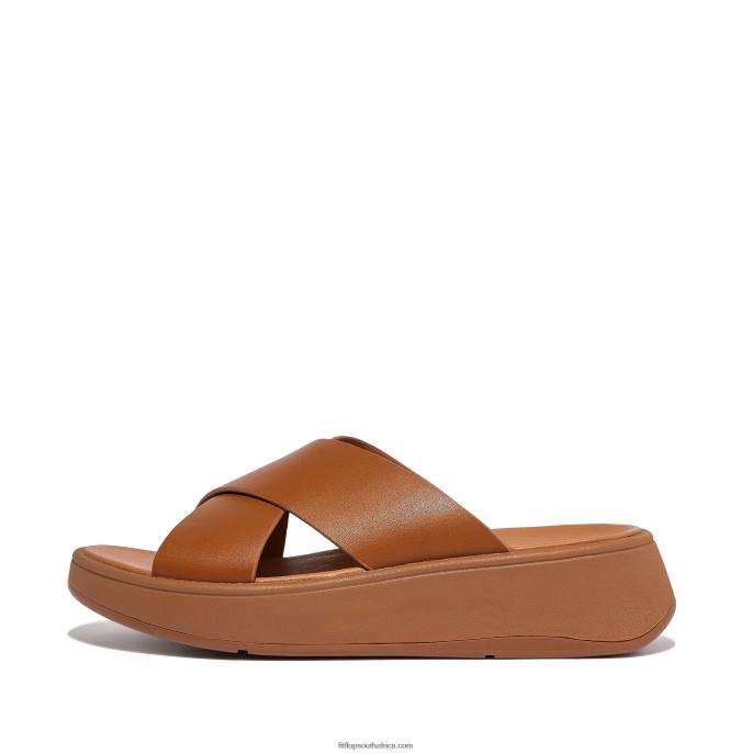 Women F-MODE Leather Flatform Cross Slides Fitflop 882F173 Light Tan