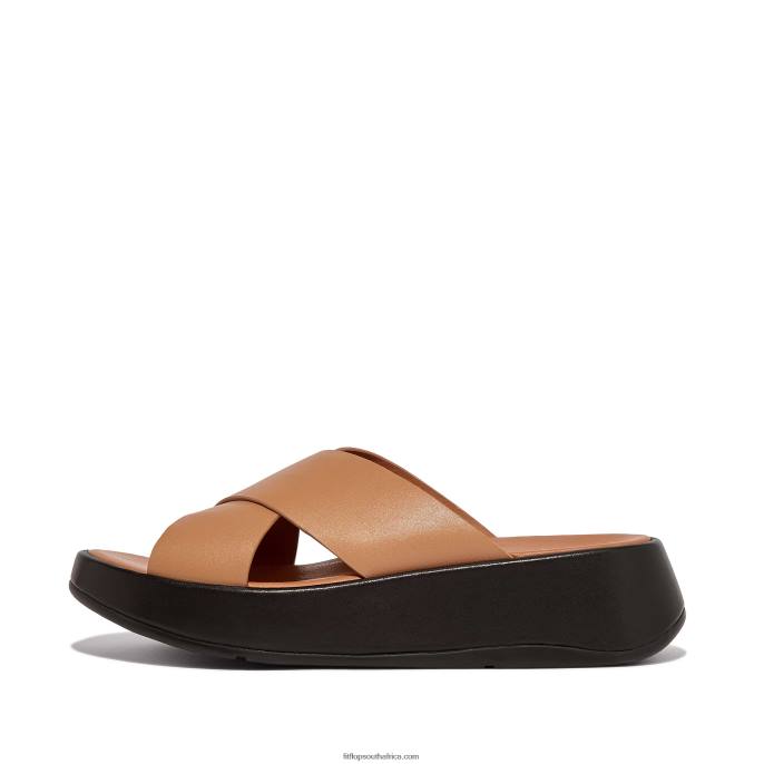 Women F-MODE Luxe Leather Flatform Cross Slides Fitflop 882F159 Latte Tan