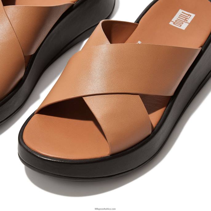 Women F-MODE Luxe Leather Flatform Cross Slides Fitflop 882F159 Latte Tan