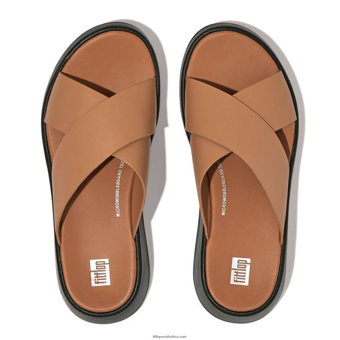 Women F-MODE Luxe Leather Flatform Cross Slides Fitflop 882F159 Latte Tan