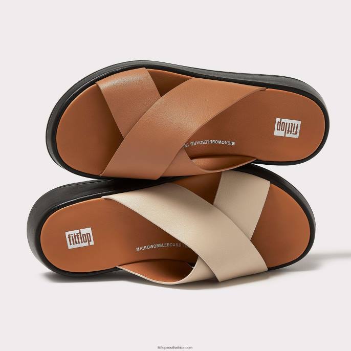 Women F-MODE Luxe Leather Flatform Cross Slides Fitflop 882F159 Latte Tan